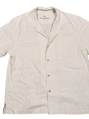 Tommy Bahama Mens Large Silk Camp Shirt White Short Sleeve Button Front Casual